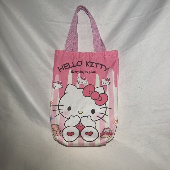 Hello Kitty Skinny Canvas Tote Bag 12 X 8 Every Day Is Good Sanrio Stripes Pink - Picture 1 of 4